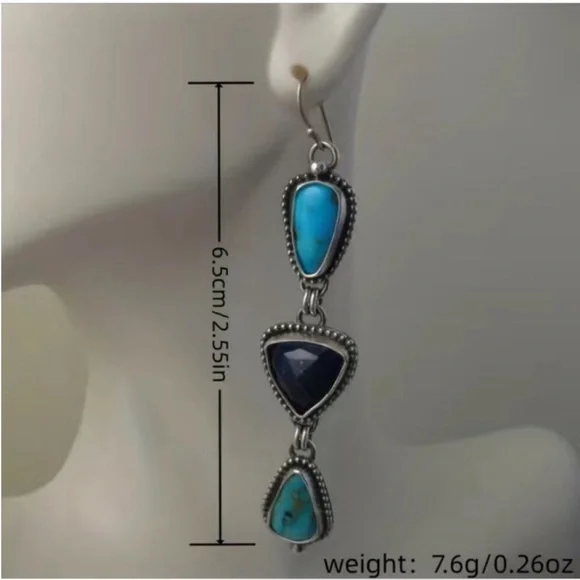 Blue Turquoise Dangle Earrings with Ornate Metalwork - Picture 3 of 6